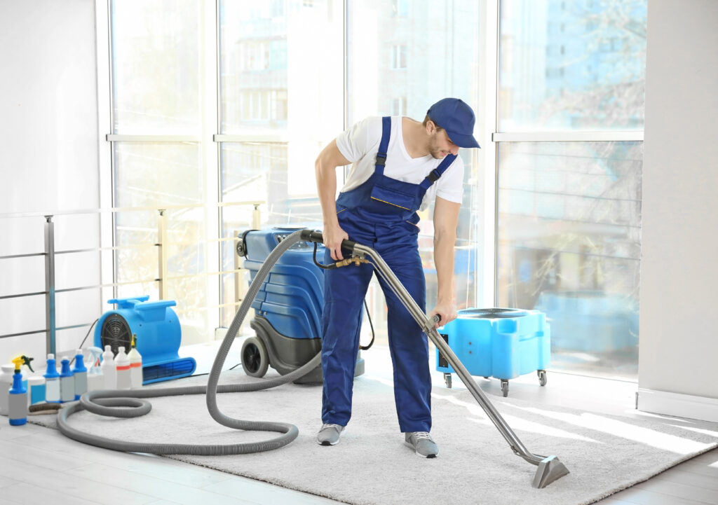 Dry cleaner’s employee removing dirt from carpet in flat